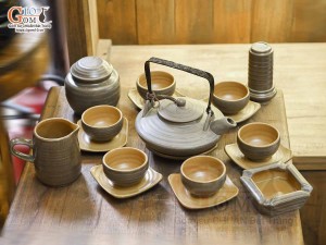 Bộ ấm chén đĩa bay gốm ganh quai đồng cao cấp đầy đủ phụ kiện, 400ml