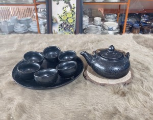 Bộ ấm chén dáng Nhật, men giọt dầu, khay tròn