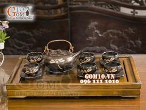 Bộ ấm chén giang tây men hỏa biến khắc chuồn