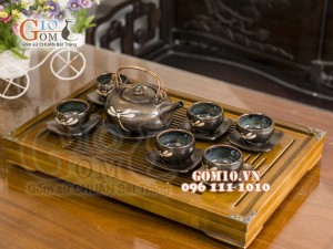 Bộ ấm chén giang tây men hỏa biến khắc chuồn