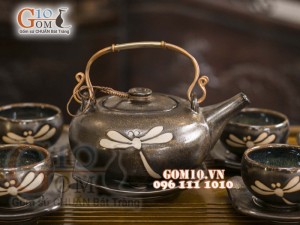 Bộ ấm chén giang tây men hỏa biến khắc chuồn