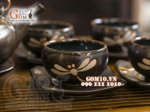 Bộ ấm chén giang tây men hỏa biến khắc chuồn