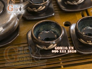 Bộ ấm chén giang tây men hỏa biến khắc chuồn