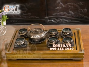 Bộ ấm chén giang tây men hỏa biến khắc chuồn