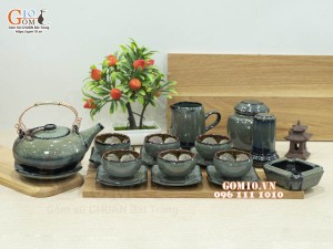Bộ ấm chén giang tây men hỏa biến xanh ngọc, chén lòng hoa - đầy đủ phụ kiện