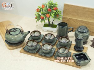 Bộ ấm chén giang tây men hỏa biến xanh ngọc, chén lòng hoa - đầy đủ phụ kiện
