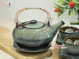 Bộ ấm chén giang tây men hỏa biến xanh ngọc, chén lòng hoa - đầy đủ phụ kiện