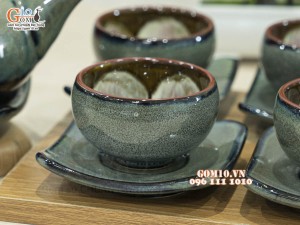 Bộ ấm chén giang tây men hỏa biến xanh ngọc, chén lòng hoa - đầy đủ phụ kiện