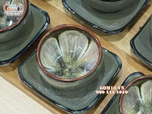 Bộ ấm chén giang tây men hỏa biến xanh ngọc, chén lòng hoa - đầy đủ phụ kiện