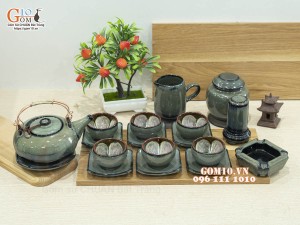 Bộ ấm chén giang tây men hỏa biến xanh ngọc, chén lòng hoa - đầy đủ phụ kiện