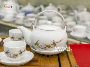 Bộ ấm chén giang tây men trắng vẽ tre