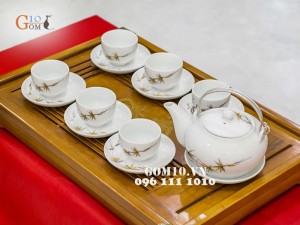 Bộ ấm chén giang tây men trắng vẽ tre