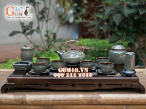 Bộ ấm chén giang tây nâu thỏ chén lòng hoa, đầy đủ phụ kiện