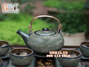 Bộ ấm chén giang tây nâu thỏ chén lòng hoa, đầy đủ phụ kiện