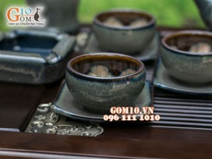 Bộ ấm chén giang tây nâu thỏ chén lòng hoa, đầy đủ phụ kiện