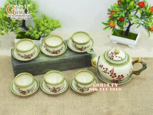 Bộ ấm chén gốc cây men vuốt, vẽ hoa đào 500ml