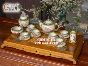 Bộ ấm chén gốc cây men vuốt, vẽ hoa đào, 3 món phụ kiện 500ml