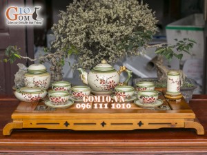 Bộ ấm chén gốc cây men vuốt, vẽ hoa đào, 3 món phụ kiện 500ml