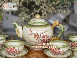 Bộ ấm chén gốc cây men vuốt, vẽ hoa đào, 3 món phụ kiện 500ml