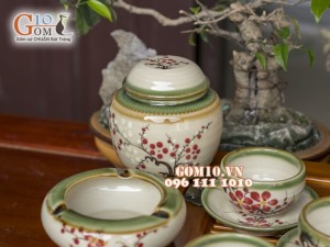 Bộ ấm chén gốc cây men vuốt, vẽ hoa đào, 3 món phụ kiện 500ml