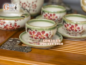 Bộ ấm chén gốc cây men vuốt, vẽ hoa đào, 3 món phụ kiện 500ml