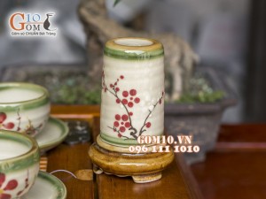 Bộ ấm chén gốc cây men vuốt, vẽ hoa đào, 3 món phụ kiện 500ml