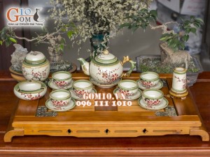 Bộ ấm chén gốc cây men vuốt, vẽ hoa đào, 3 món phụ kiện 350ml