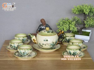 Bộ ấm chén dáng gốc cây men vuốt vẽ tre xanh, 350ml