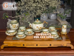 Bộ ấm chén gốc cây men vuốt, vẽ mai vàng, đầy đủ phụ kiện 500ml