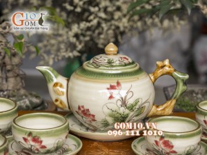 Bộ ấm chén gốc cây men vuốt, vẽ sen, đầy đủ phụ kiện 500ml