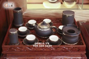 Bộ Ấm Chén Gốm Chóp đen Bọc Đồng, Đầy Đủ Phụ Kiện