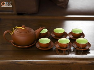 Bộ ấm chén gốm dáng bưởi màu đỏ, 450ml