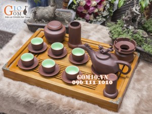 Bộ ấm chén gốm dáng Mã Thượng Phong Hầu, chén lòng xanh, đầy đủ phụ kiện