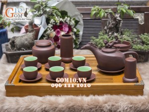 Bộ ấm chén gốm dáng Mã Thượng Phong Hầu, chén lòng xanh, đầy đủ phụ kiện