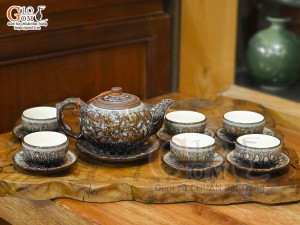 Bộ ấm chén gốm dáng nhật men hỏa biến vân đá, 200ml