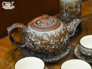 Bộ ấm chén gốm dáng nhật men hỏa biến vân đá đầy đủ phụ kiện, 300ml