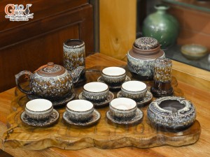 Bộ ấm chén gốm dáng nhật men hỏa biến vân đá đầy đủ phụ kiện, 300ml