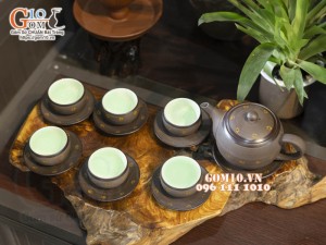 Bộ ấm chén nâu son dáng tròn gốm hồng sa, khắc sao vàng 280ml