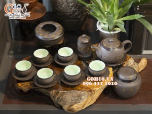 Bộ ấm chén dáng tròn gốm hồng sa, khắc sao vàng, đầy đủ phụ kiện, 280ml