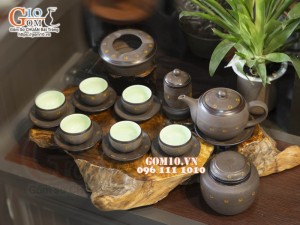 Bộ ấm chén dáng tròn gốm hồng sa, khắc sao vàng, đầy đủ phụ kiện, 280ml