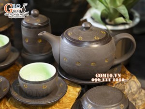 Bộ ấm chén dáng tròn gốm hồng sa, khắc sao vàng, đầy đủ phụ kiện, 280ml