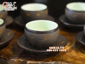 Bộ ấm chén dáng tròn gốm hồng sa, khắc sao vàng, đầy đủ phụ kiện, 280ml