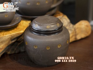 Bộ ấm chén dáng tròn gốm hồng sa, khắc sao vàng, đầy đủ phụ kiện, 280ml