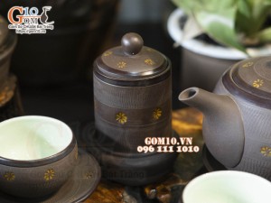 Bộ ấm chén dáng tròn gốm hồng sa, khắc sao vàng, đầy đủ phụ kiện, 280ml