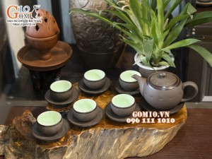 Bộ ấm chén dáng tròn gốm hồng sa, khắc sao xanh 280ml