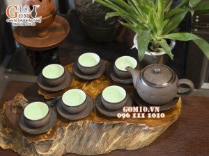 Bộ ấm chén dáng tròn gốm hồng sa, khắc sao xanh 280ml