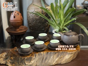 Bộ ấm chén dáng tròn gốm hồng sa, khắc sao xanh 280ml