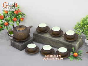 Bộ ấm chén nâu son dáng tròn gốm hồng sa, khắc trăng vàng, 280ml