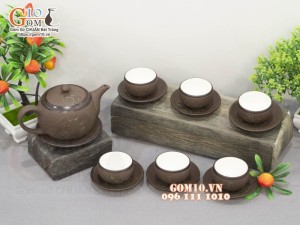 Bộ ấm chén dáng tròn gốm hồng sa, khắc trăng xanh, 280ml