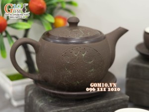 Bộ ấm chén dáng tròn gốm hồng sa, khắc trăng xanh, 280ml